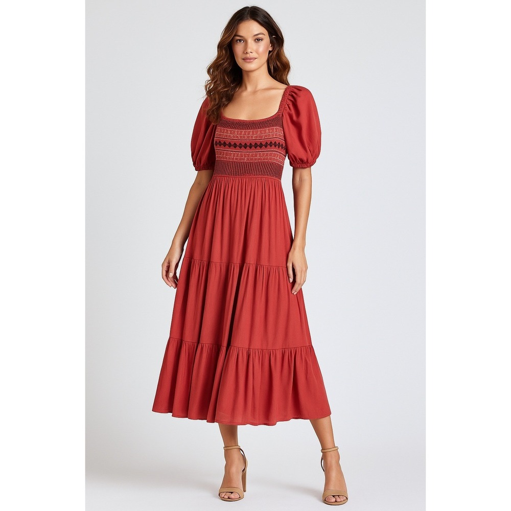 Baltic Born Rust Red Puff Sleeve Midi Dress